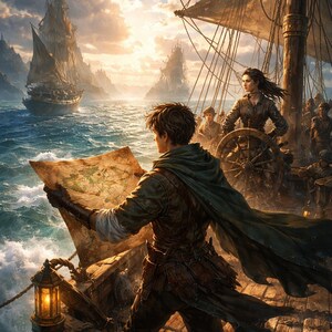 Pode incluir: Pintura digital de um navio pirata navegando em um mar agitado. Uma pessoa no navio segura um mapa, enquanto outra está no leme. Outros navios navegam ao longe sob um céu nublado.