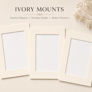 May include: Three rectangular ivory-coloured photo mounts with white centre cutouts arranged side-by-side. The text IVORY MOUNTS, Timeless Elegance, Premium Quality, and Made to Preserve is printed above the mounts with a small decorative flourish.