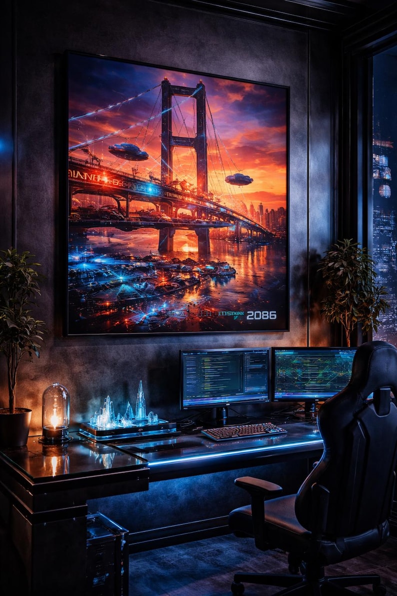 Cyberpunk Bosphorus Bridge 2088 Canvas Wall Art, Futuristic Istanbul Neon Cityscape Print, Sci-fi Turkish Home Decor, Synthwave Gaming Art