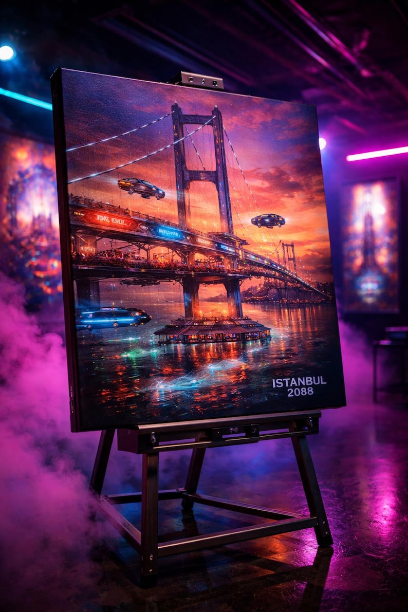 Cyberpunk Bosphorus Bridge 2088 Canvas Wall Art, Futuristic Istanbul Neon Cityscape Print, Sci-fi Turkish Home Decor, Synthwave Gaming Art