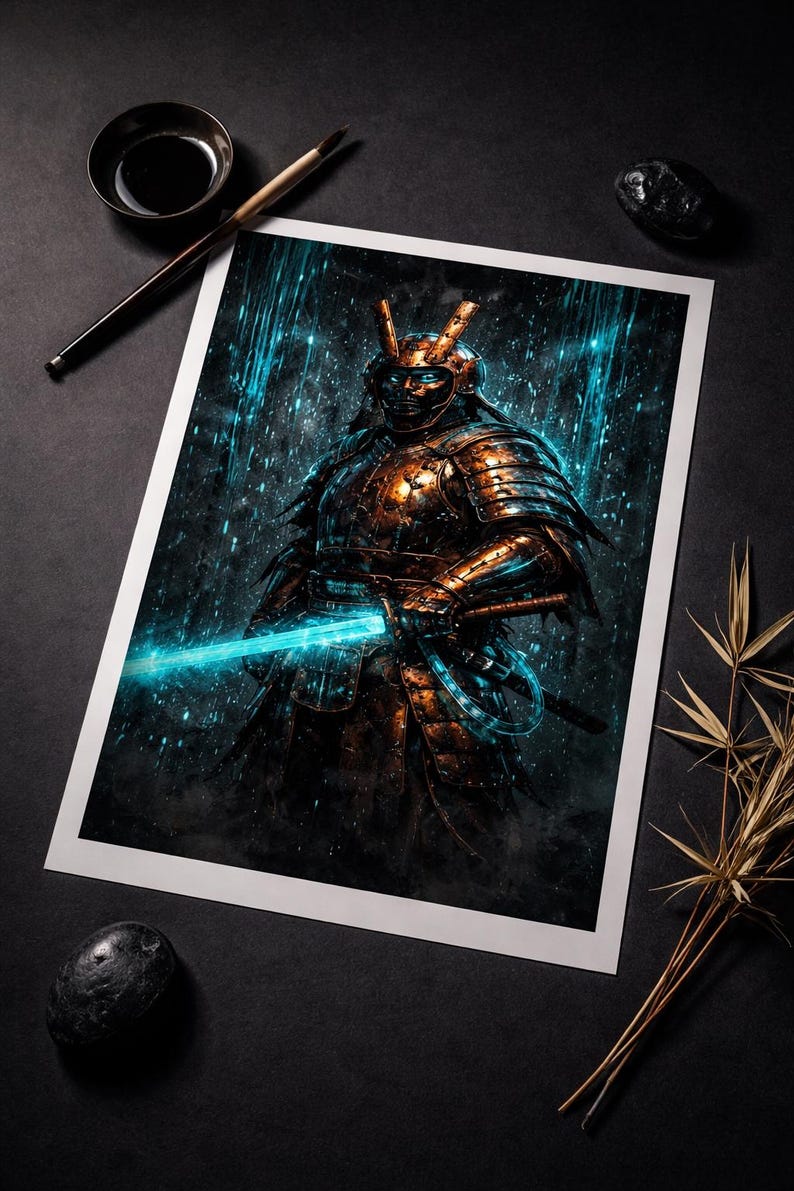 Cyberpunk Samurai Print, Neon Digital Warrior Wall Art, Dark Aesthetic Poster, Gaming Room Decor, Japanese Neon Art, Instant Download