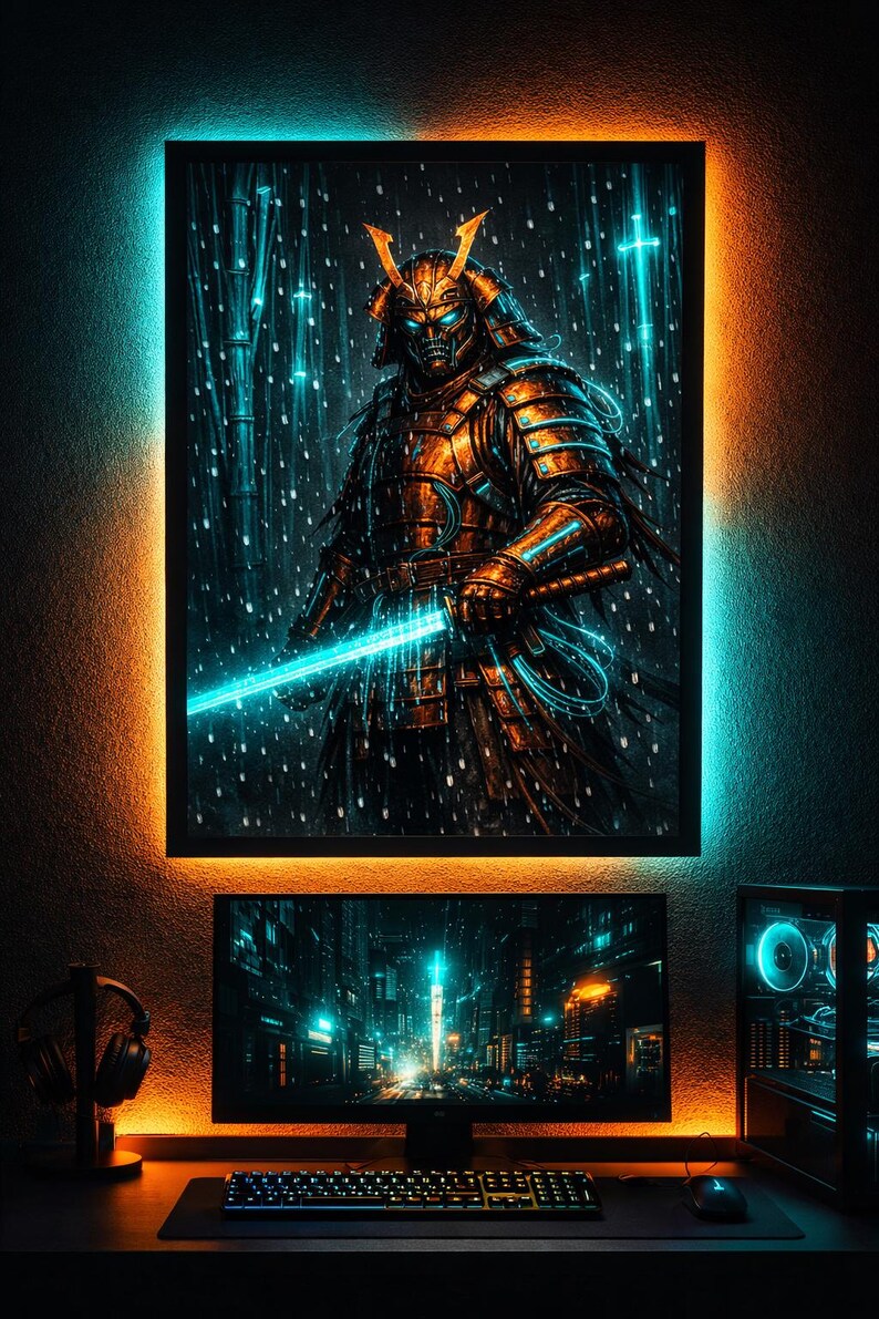 Cyberpunk Samurai Print, Neon Digital Warrior Wall Art, Dark Aesthetic Poster, Gaming Room Decor, Japanese Neon Art, Instant Download