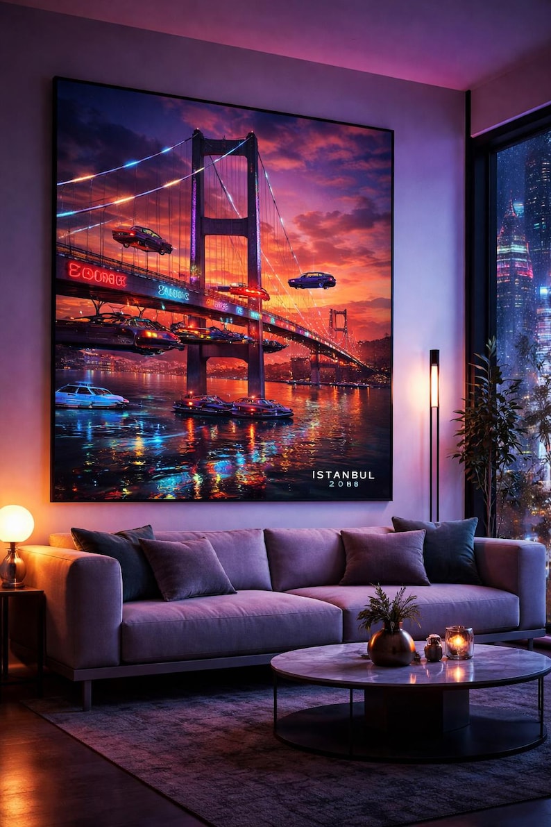 Cyberpunk Bosphorus Bridge 2088 Canvas Wall Art, Futuristic Istanbul Neon Cityscape Print, Sci-fi Turkish Home Decor, Synthwave Gaming Art