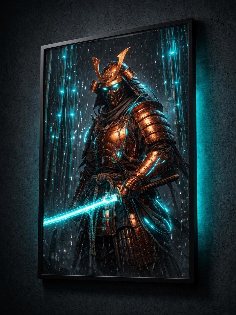 Cyberpunk Samurai Print, Neon Digital Warrior Wall Art, Dark Aesthetic Poster, Gaming Room Decor, Japanese Neon Art, Instant Download