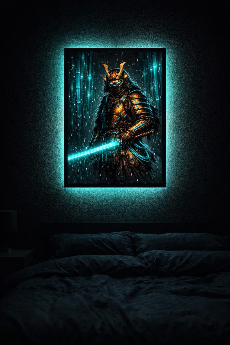 Cyberpunk Samurai Print, Neon Digital Warrior Wall Art, Dark Aesthetic Poster, Gaming Room Decor, Japanese Neon Art, Instant Download