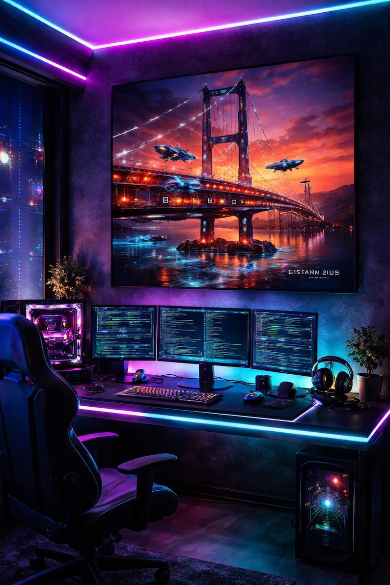 Cyberpunk Bosphorus Bridge 2088 Canvas Wall Art, Futuristic Istanbul Neon Cityscape Print, Sci-fi Turkish Home Decor, Synthwave Gaming Art