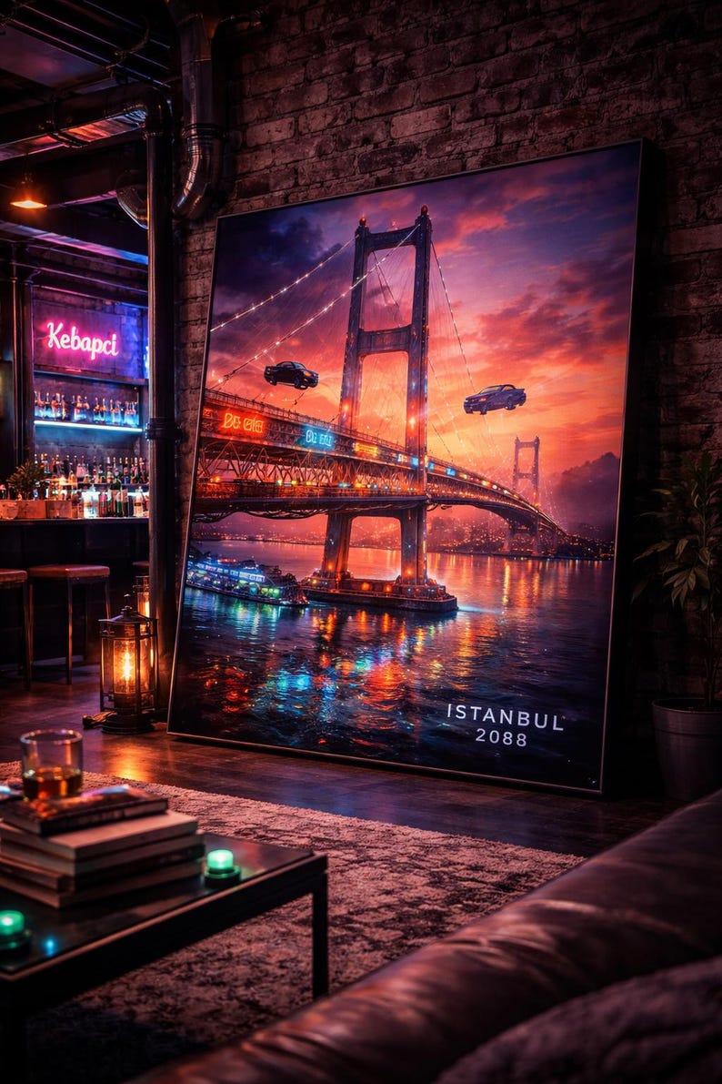 Cyberpunk Bosphorus Bridge 2088 Canvas Wall Art, Futuristic Istanbul Neon Cityscape Print, Sci-fi Turkish Home Decor, Synthwave Gaming Art