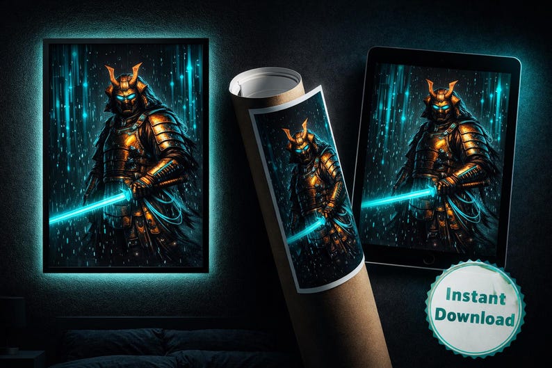 Cyberpunk Samurai Print, Neon Digital Warrior Wall Art, Dark Aesthetic Poster, Gaming Room Decor, Japanese Neon Art, Instant Download