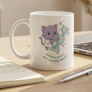 Op de afbeelding: Witte keramische mok met een cartoonkat in een labjas, die een DNA-streng met een schaar knipt. De mok heeft de tekst "Editing genes and stealing hearts". De mok staat op een houten oppervlak.