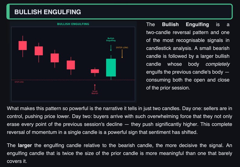 K&ouml;nnte beinhalten: Diagramm, das ein bullisches Engulfing-Kerzenmuster veranschaulicht, ein Zwei-Kerzen-Umkehrsignal. Das Bild zeigt rote und gr&uuml;ne Kerzenformationen mit Text, der die Bedeutung des Musters in der Marktanalyse erkl&auml;rt.