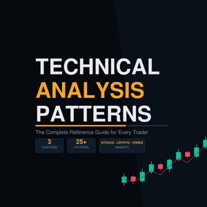 May include: A book cover with the title "TECHNICAL ANALYSIS PATTERNS" in large yellow letters. The cover also includes the text "The Complete Reference Guide for Every Trader" and details about chapters, patterns, and markets. A stock chart is in the bottom right.