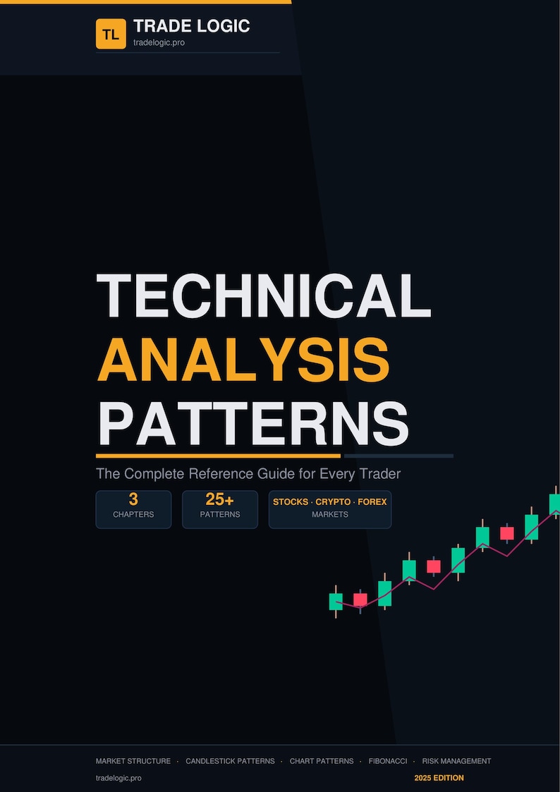 K&ouml;nnte beinhalten: Buchcover mit dem Titel "TECHNICAL ANALYSIS PATTERNS" in gro&szlig;en gelben Buchstaben. Das Cover enth&auml;lt auch den Text "The Complete Reference Guide for Every Trader" und Details zu Kapiteln, Mustern und M&auml;rkten. Ein B&ouml;rsendiagramm befindet sich unten rechts.