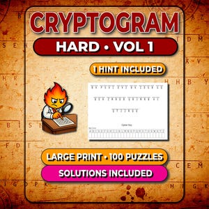 100 trudnych zagadek kryptograficznych – tom 1 | Duży druk, plik PDF do druku | 1 podpowiedź + rozwiązania