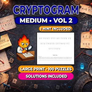 Może przedstawiać: Książka z łamigłówkami Cryptogram, "Medium Vol. 2", ze 100 łamigłówkami i rozwiązaniami. Okładka przedstawia postać z kreskówki z lupą oraz tekst "Large Print" i "Solutions Included".
