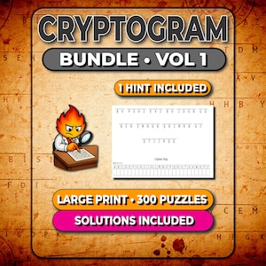 300 łamigłówek kryptograficznych (łatwe–trudne) – tom 1 | Duży druk, plik PDF do druku | 1 podpowiedź do każdej zagadki + rozwiązania