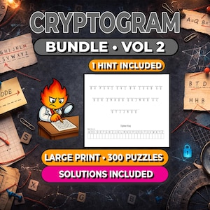 Może przedstawiać: Zestaw kryptogramów Vol. 2 z 300 zagadkami i dołączonymi rozwiązaniami. Obraz przedstawia ognistą postać z kreskówek z lupą, otoczoną wskazówkami do zagadek, notatkami i kluczem. Zawiera jedną podpowiedź.