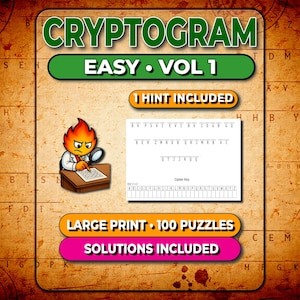 100 łatwych zagadek kryptograficznych – tom 1 | Duży druk, plik PDF do druku | 1 podpowiedź + rozwiązania