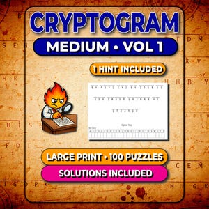 100 średnich łamigłówek kryptograficznych – tom 1 | Duży druk, plik PDF do druku | 1 podpowiedź + rozwiązania