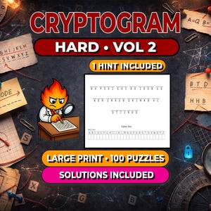 Może przedstawiać: Książka z łamigłówkami Cryptogram, "Hard Vol 2", ze 100 łamigłówkami i rozwiązaniami. Okładka przedstawia ognistą postać z lupą, otoczoną wskazówkami, notatkami i tekstem "Large Print". Książka zawiera jedną podpowiedź.