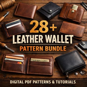 Könnte beinhalten: Eine Auswahl an Ledergeldbörsen in Braun- und Schwarztönen ist auf einer Holzoberfläche angeordnet. Das Bild zeigt den Text "28+ LEATHER WALLET PATTERN BUNDLE" und "DIGITAL PDF PATTERNS & TUTORIALS".