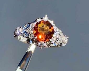 Citrine Ring, Orange Gemstone , Birthstone Jewelry, Oval Engagement Rings, Hidden Halo