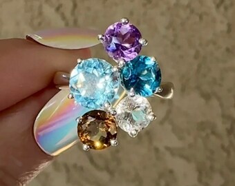 Indicolite Tourmaline, Smoky quartz, Cluster Ring, Mothers Ring, Herkimer Ring, Custom Mothers Ring, Natural Gemstone Ring