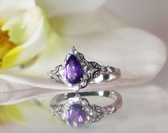 Anillo de amatista, anillo de amatista en forma de lágrima, anillo de piedra preciosa púrpura, joyería de piedra de nacimiento de amatista, anillo de piedra de nacimiento de febrero