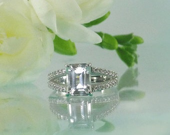Split Band Engagement Ring, Herkimer Diamond Rings, Unique Emerald Cut Ring, Herkimer Diamond Jewelry