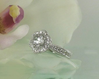 Nature Inspired Ring, Flower Engagement Ring, Halo Flower Ring, Herkimer Diamond Engagement Ring