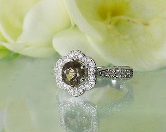 Nature Inspired Ring, Flower Engagement Ring, Halo Flower Ring, Herkimer Diamond Engagement Ring