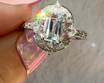 White Topaz, White Topaz Ring, Sterling Silver, White Topaz Halo Ring, White Topaz Engagement Ring