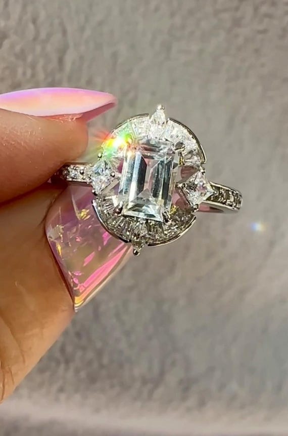 White Topaz, White Topaz Ring, Sterling Silver, White Topaz Halo Ring,  White Topaz Engagement Ring