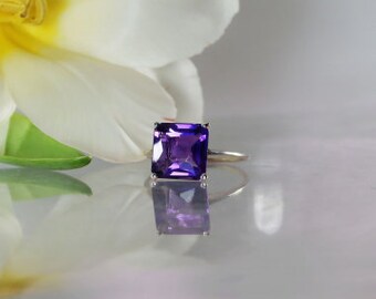 Square Amethyst Ring, Amethyst Ring, Silver Amethyst Ring, February Birthstone, Gemstone Ring, Natural Amethyst Ring