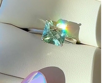 Green Fluorite Ring, Green Gemstone, Cushion Cut Gem, Solitaire Jewelry