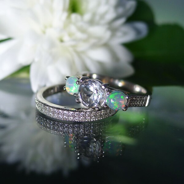 Sterling Wedding Set, Opal Wedding Set, Three Stone Wedding Set, Micro Pave Wedding Set, Natural Opal Ring, Herkimer Diamond,