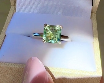 Green Fluorite Ring, Green Gemstone, Cushion Cut Gem, Solitaire Jewelry