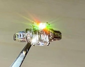 Emerald Cut Herkimer Diamond Engagement Ring, Sterling Silver, Conflict Free Alternative