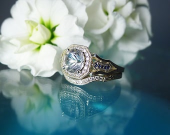 Sapphire Wedding Set, Unique Wedding Set, Unique Bridal Set, Ethical Bridal Set, Herkimer Diamond Ring, Matching Ring and Band