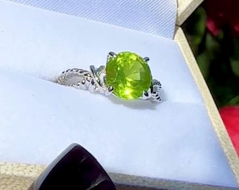 Peridot Solitaire Ring: Sterling Silver Halo, August Birthstone