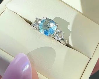 Oval Aquamarine Sterling Silver Halo Ring, Birthstone Promise Ring