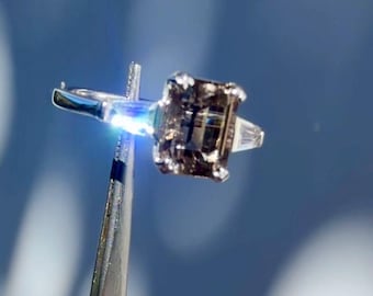 Dark Smoky Herkimer Diamond Ring, 1.78 Carat Emerald Cut Quartz, AAA Natural Gemstone, Sterling Silver Ring