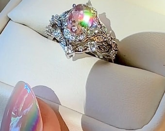 Pink Tourmaline Ring, Birthstone Ring, Pink Gemstone Jewelry, Wedding Set