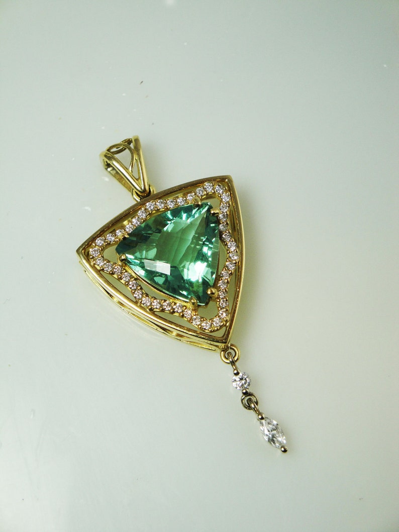 Custom Green Fluorite Jewelry, Green Fluorite Pendant, Fluorite, Natural Gemstone, 18K Gold Pendant, Diamond Accents, Handmade image 2