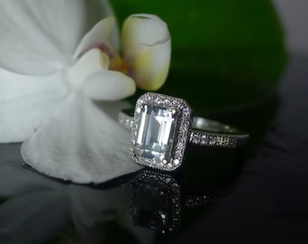 Emerald Cut Engagement Ring, Emerald Cut Ring, Sterling Silver Ring, Natural Gemstone Ring, Herkimer Diamond ring,Emerald Halo Ring