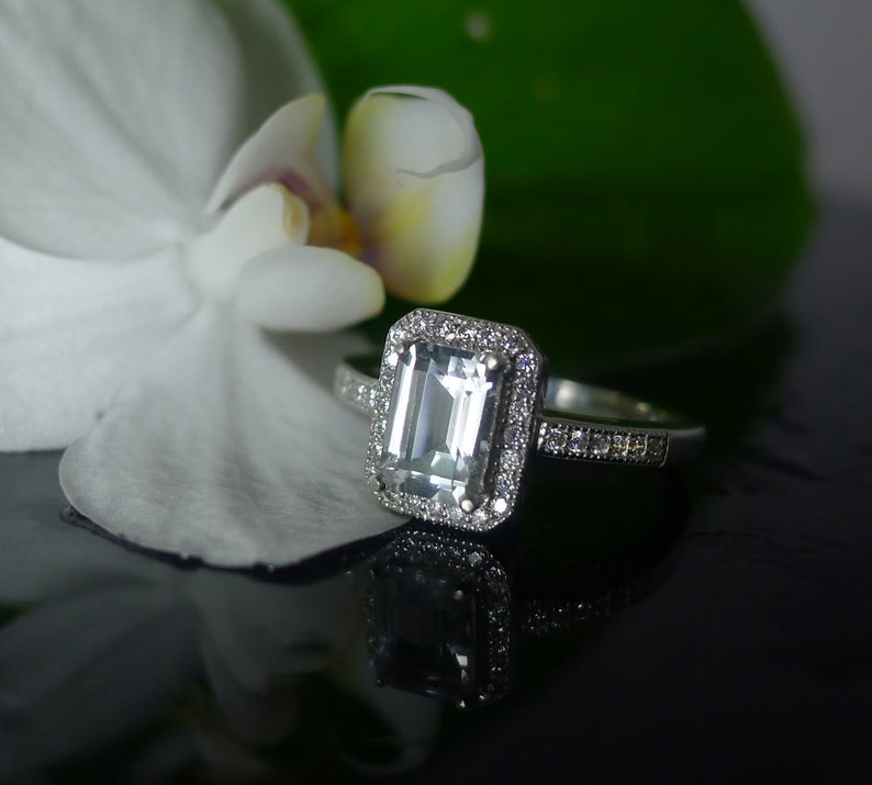 Natural Gemstone Ring Herkimer Diamond ring,Emerald Halo Ring Emerald Cut Ring Sterling Silver Ring Emerald Cut Engagement Ring
