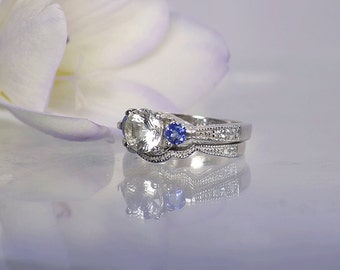 Tanzanite Engagement Ring, Tanzanite Wedding Set, Tanzanite Sterling Ring, Herkimer Diamond, Sterling Wedding Set, Three Stone Ring