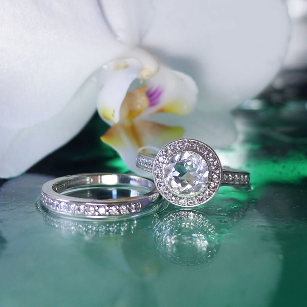 Engagement Ring, Engagement Set, Bezel Engagment Ring, Wedding Set, Sterling Wedding Set, Bezel Set Ring, Bezel Wedding Set, Unique Wedding