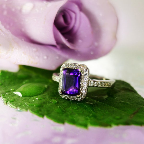 Amethyst Ring,  Amethyst Halo Ring, Purple Gemstone Ring, Amethyst Birthstone Jewelry, February Birthstone Ring