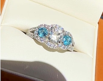 Aquamarine & Herkimer Diamond Ring: Sterling Silver Three Stone Design