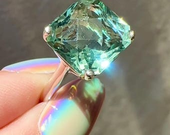 Reserved for Lauren, Green Fluorite Ring, Green Gemstone, Cushion Cut Gem, Solitaire Jewelry